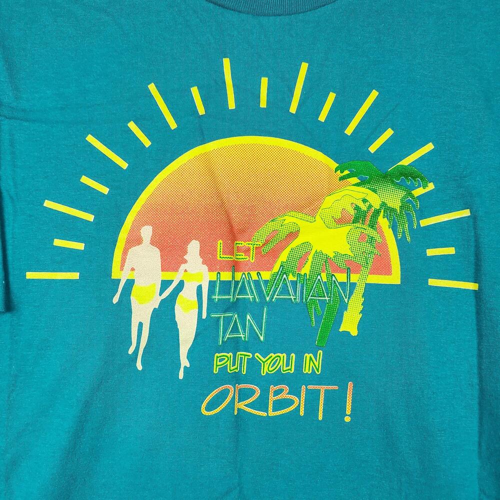 Vintage Hawaiian Tan Shirt Mens XL Teal Sun Palm Graphic Beach Promo 80s Relax